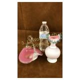 Aqua crest vase, pink basket