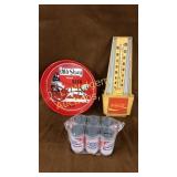 Coke thermometer, bud bank, old shay tray