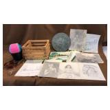 Bertha Martin pencil sketches, crate, sun dial
