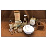 Mortar pestle, bottles, stoppers lot Royers