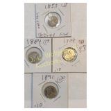 1853 seated 1/2 dime,1884,88,91 seated dimes