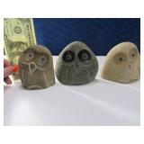 (3) Handcarved 4" Pet OWL Faced Rocks