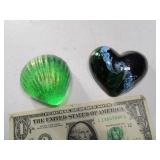 (2) Art Glass Heart & Shell *one signed* 2.5"