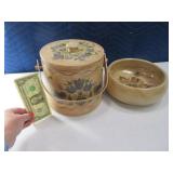 (2) Vintage Handpainted Folkware Bucket & Bowl