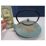 7" Cast Metal Engraved Butterfly Teapot w/ strainr