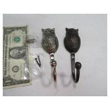 Pair 4" Owl Themed Coat/Hat Hooks Metal