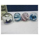 (4) Pretty 2.5" Paperweights Glass Color Filled