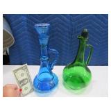 (2) Blue/Green Glass Neat Liquor Type Bottles 12"