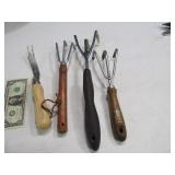 (4) Quality Hand Garden Rakes & Weed Puller Yard
