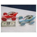 (2) HAPE Wooden 8" Toy Cars Red/Blue EXC