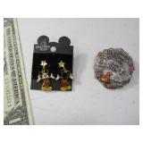 (2) Disney Mickey Earrings & Happiness Pin Jewelry