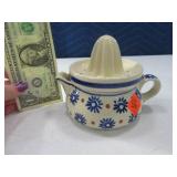 WIZA POLAND Pottery 4" Juicer Blue/White Dish EXC