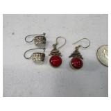 (2) Sterling Earrings w/ White/Red Stones NICE