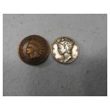 (2) Mercury Dime & Indian Head Penny Coins