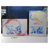 (2) Elephant Handpainted Oil On Canvas Art NEAT
