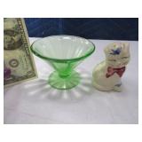 (2) antique Green Depression & Pottery Cat Salt