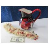 14" RED HAT Themed Big Pottery Pitcher + Necklace
