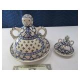 (2) POLAND Pottery Covered Lady Dishes 8"/4"