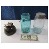 (3) Antique Brown Insulator & 3-Blue Mason Jars