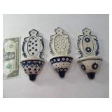 (3) POLAND Pottery Blue Speckle 8" Wall Pockets
