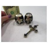 (2) Japanese Silver Inlay S&P + Cross 3" Pendant