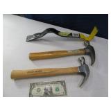 (3) Fancy Crowbar & hickory handle Hammers tools