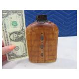 Early 5" Glass Booze Flask w/ Leather Cover Saying
