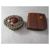 (2) 2" Stash Boxes Metal Enamel & Wood Compact