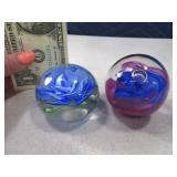 (2) Round Glass Filled Paperweights/Suncatch 2.5"