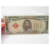 1928 Large RED Seal $5 Bill Currency