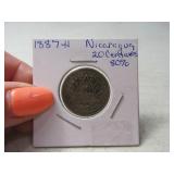 1887 Nicaragua 20 Centavos Coin 80%silver