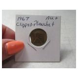1967 Clipped Planchet AU+ One Cent Coin Penny