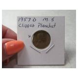 1957-d MisHit Clipped Planchet One Cent Penny MINT