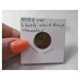 1958 UNC Penny MisHit Liberty Through Lamination