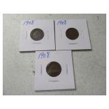 (3) 1908 Indian Head Pennies Cents Coins