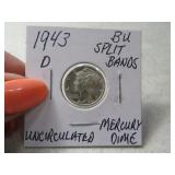 1943-d BU Mercury silver Dime SPLIT BANDS "a"