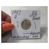 1943-d BU Mercury silver Dime SPLIT BANDS "b"