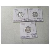 (3) 1942 P/D/S UNC Mercury silver Dimes