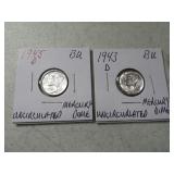 (2) UNC Mercury 1943-d/1945-d Dimes silver "b"