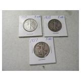 (3) Walking Liberty silver Half Dollars 37/37s/38