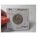 1920 silver 1 FRANC Coin AU