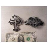 (2) Religious Cross & 2-Headed Wolf Belt Buckles