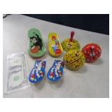 (7) Early Tin Hand Noisemakers Rattles Toys EXC