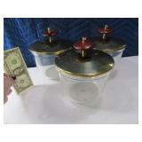 (3) MidCentury 7" Glass/Brass/Wood Covered Jars