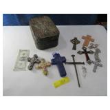 LOT Religious CROSS Decor & 12" Tin $$