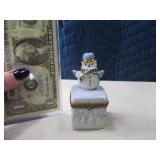 Signed LIMOGES 3" Snowman Stash Pottery Box