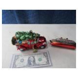(2) Glass 8" Ornaments Truck & Boat handpainted