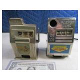 (2) Early Metal SLOT MACHINE 5" Coin Banks as is