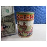 K I K Football Related Malt Syrup Metal Coin Bank