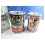 (2) Salmon Related CannedGood Metal Coin Banks